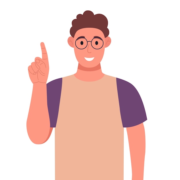 Lockiger junger Mann mit Brille, der mit dem Finger nach oben zeigt, während er steht und lächelt Konzept einer großartigen Idee Vektorillustration