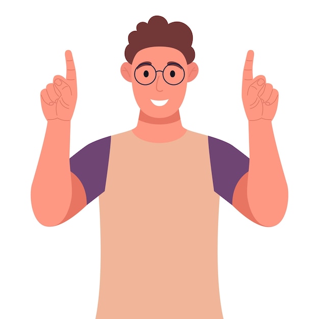 Vektor lockiger junger mann mit brille, der mit den fingern nach oben zeigt, während er steht und lächelt