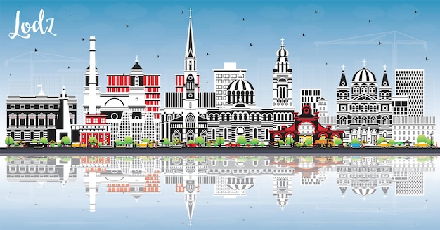 Lodz polen skyline der stadt mit farbigen gebäuden blauer himmel und reflexionen vector illustration lodz stadtbild mit sehenswürdigkeiten