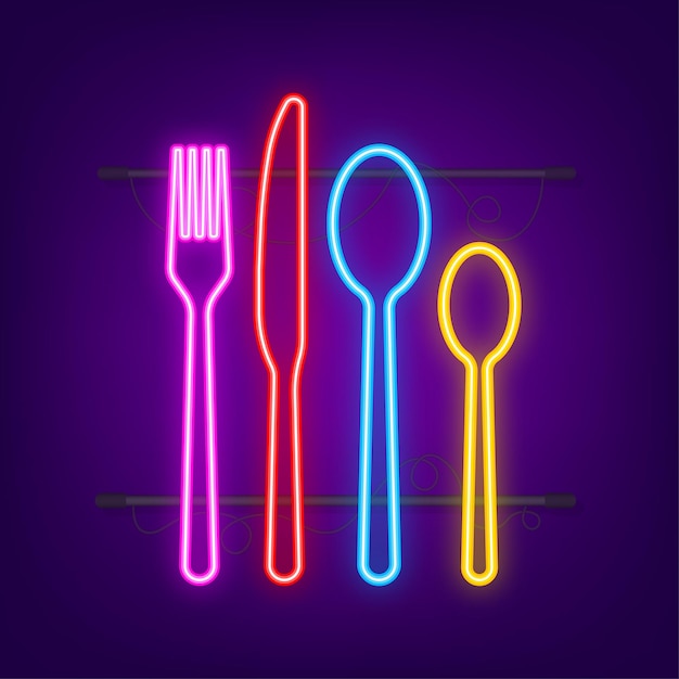 Löffelgabelmessersymbol, Restaurantsymbol. Neon-Symbol. Vektor-Illustration.