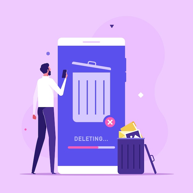 Vektor löschen sie datei-reinigung smartphone-entfernungsprozess benutzer entfernen sie dateien oder dokumente in den papierkorb