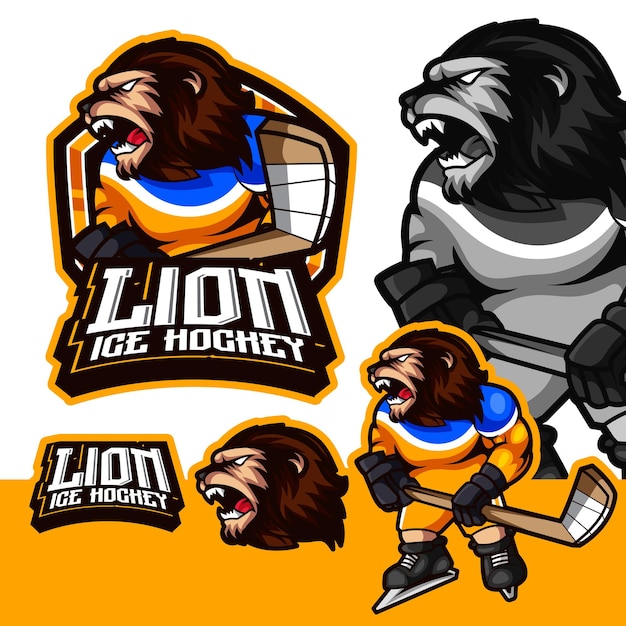 Vektor löwe-eishockey-logo-maskottchen-cartoon-charakter