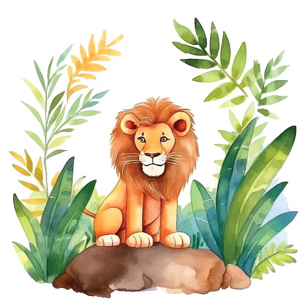 Löwe in dschungel-cartoon-aquarellfarbe