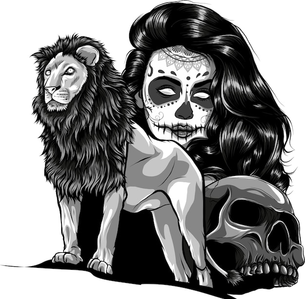 Löwe mit menschlichem Schädel und Kopf einer Frau mit Make-up