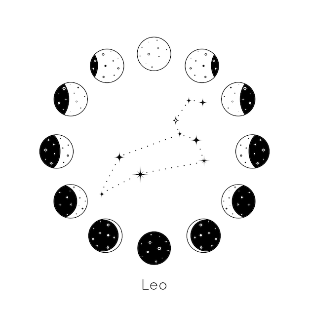 Löwe-sternzeichen-konstellation im kreisförmigen satz von mondphasen schwarze umrisssilhouette von sternenvektor...