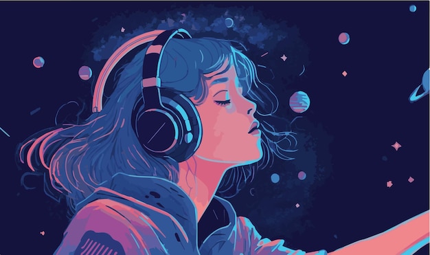 Lofi Girl in Space Floating Vector Art Illustration Anime-Mädchen mit Kopfhörern, die Lofi-Hip-Hop hören