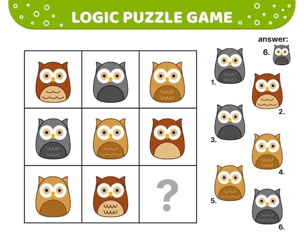 Logik-puzzlespiel mit eulen squishmallow für kinder cartoon kawaii vektor folge 10
