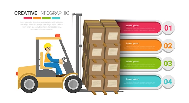 Logistik-infografik-gabelstapler mit mann, der im lager fährt