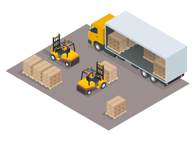 Logistikkonzept. fracht in den lkw laden. isometrische darstellung des lieferservice-vektors. infografisches element oder symbol, das kastenwagen und gabelstapler darstellt, die paletten mit kartons beladen.