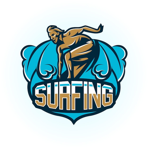 Logo beim surfen das emblem des männlichen surfers auf dem brett strandwellen tropeninsel extremsport schriftzug vektorillustration
