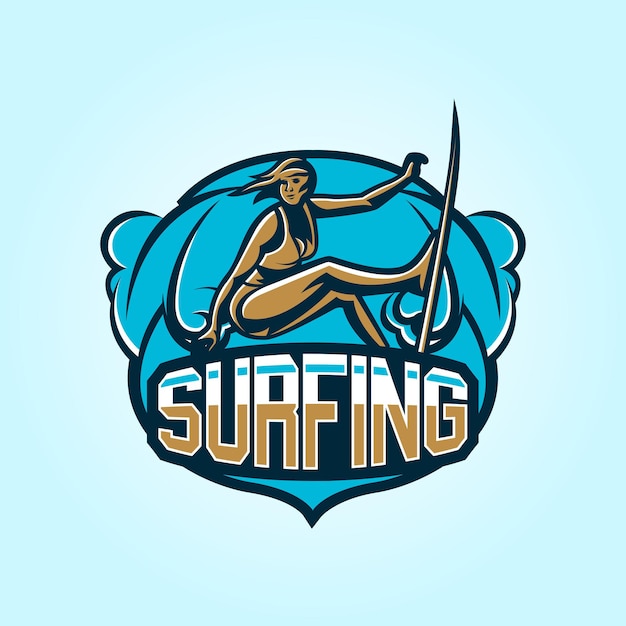 Logo beim surfen emblem surfermädchen im badeanzug strandwellen tropeninsel extremsport schriftzug vektorillustration