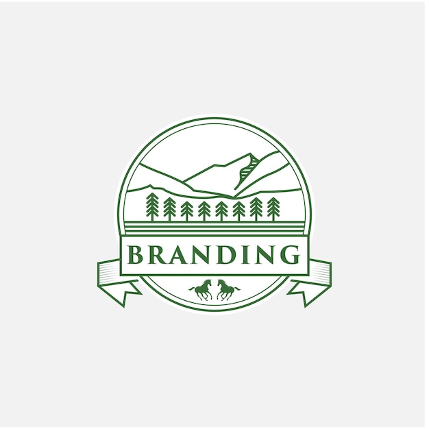 Logo-branding der berg- und pferdevektorvorlage