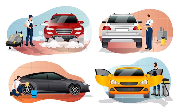 Logo der Autowascharbeiter Symbole für die Autowaschanlage Autoreinigungsarbeiter in Uniform, der schwarzes Auto mit Tuch trocknet Menschen, die Fahrzeug waschen, und Mann mit Staubsauger, der bunte Autos reinigt Vektorillustration