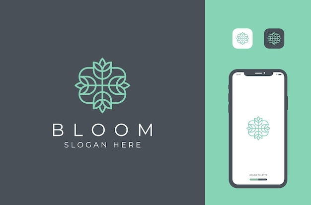 Vektor logo der tropischen pflanze rundes emblem blume im kreis im linearen stil florale ornamentblätter gemusterte florale ikone vektorabstraktes abzeichen für die gestaltung des blumenladens kosmetische schönheit parfüm spa yoga