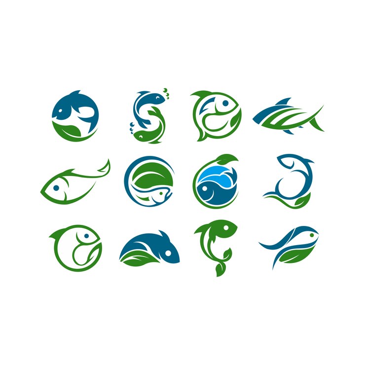 Logo des Bauernhofkonzeptes. Vorlage mit Bauernhof und Fisch. Label für natürliche landwirtschaftliche Produkte.