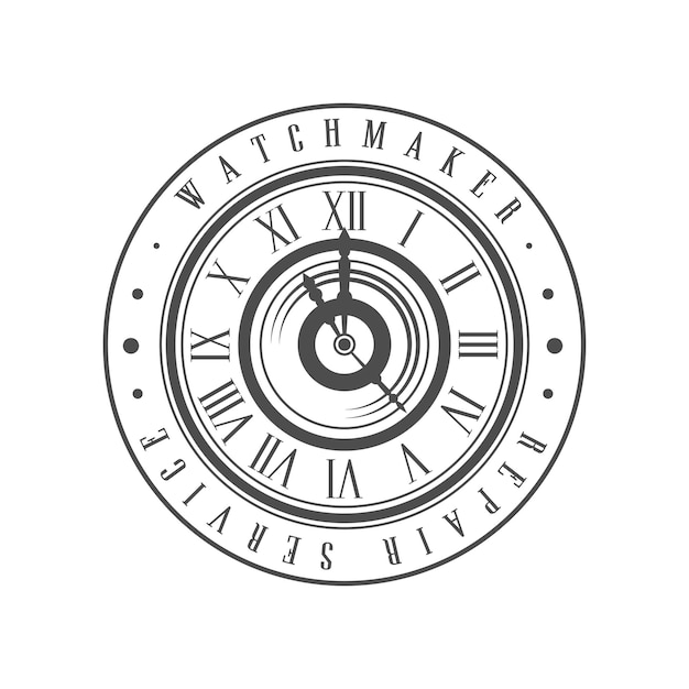 Logo des uhrmacher-reparaturdienstes monochrom vintage-emblem vektor illustration isoliert auf weißem hintergrund