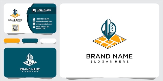Logo-design für gebäudestandorte mit pin-konzept. inspiration für das design von luxus-home- und pin-location-logos mit visitenkarte