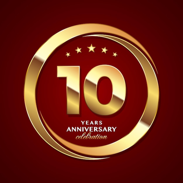 Logo-Design zum 10-jährigen Jubiläum mit Logo-Vektor-Vorlage im glänzenden Goldring-Stil
