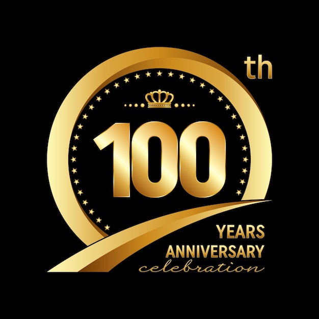 Logo-Design zum 100-jährigen Jubiläum mit goldenem Ring und Krone für Jubiläumsfeier Veranstaltung Einladung Hochzeit Grußkarte Banner Poster Flyer Broschüre Logo Vektor Vorlage