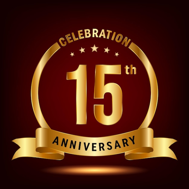 Logo-Design zum 15-jährigen Jubiläum mit Ring und goldenem Band Logo-Vektor-Vorlage