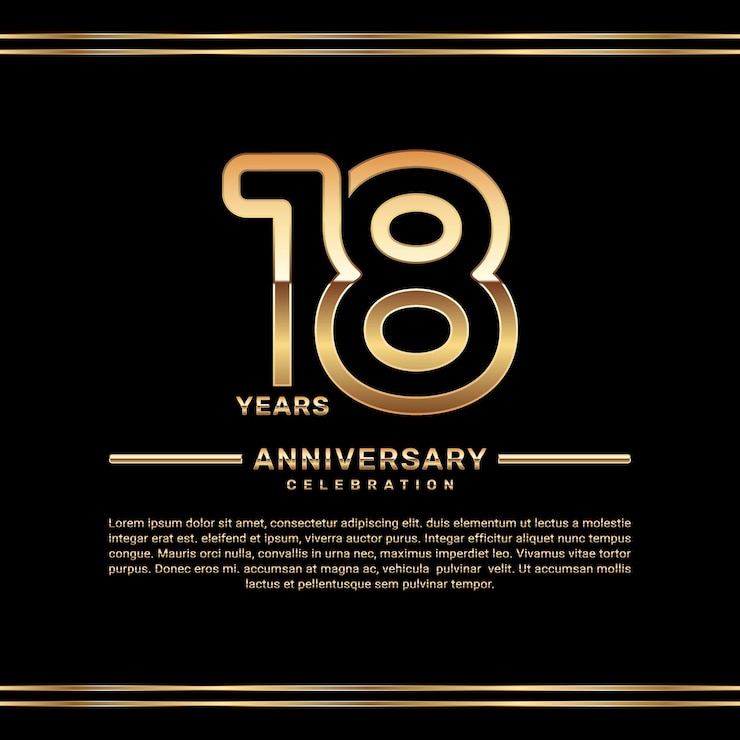 Vektor logo-design zum 18-jährigen jubiläum mit doppelten zeilennummern in goldfarbe