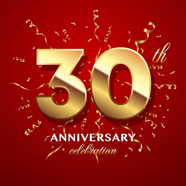 Vektor logo-design zum 30-jährigen jubiläum mit goldener zahl und band logo-vektor-vorlage