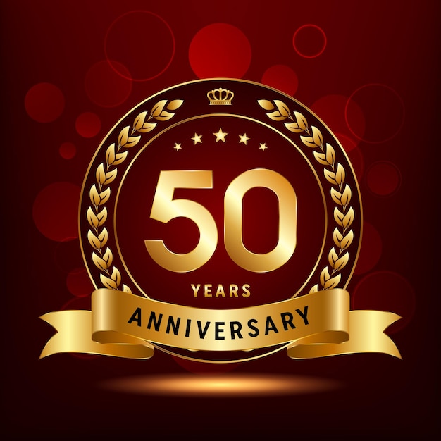 Logo-Design zum 50-jährigen Jubiläum mit Lorbeerkranz und goldenem Band Logo Vector Template