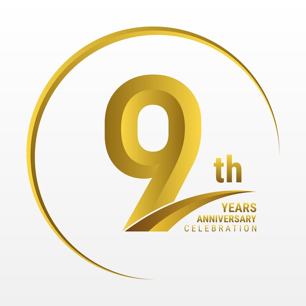 Logo-Design zum 9. Jahrestag mit goldener Farbe und Ring Logo Vector Template