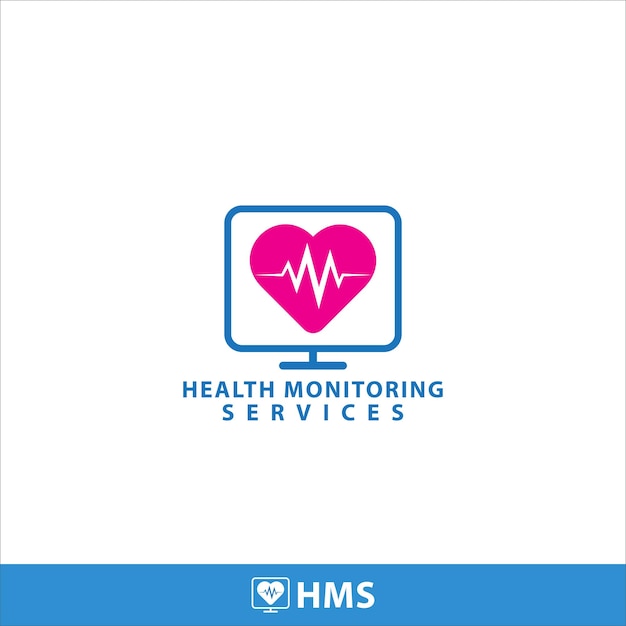 Logo-designvorlage für gesundheitsüberwachungsdienste anzeigemonitor und herzform mit pulsvektorillustration leuchtendes blaues und rosa magentafarbenes farbthema isoliert auf weißem hintergrund 412