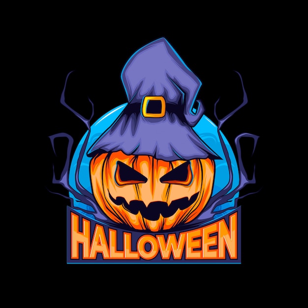 Logo halloween kürbis mit hexenhut und nachtmond.