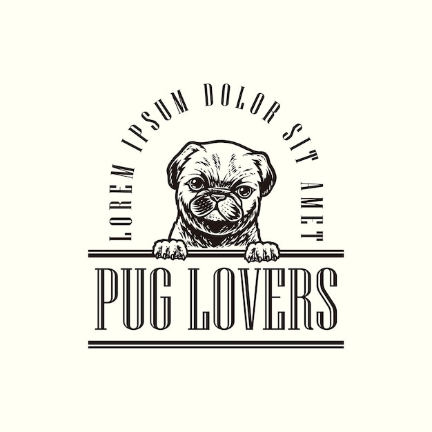 Logo illustration handzeichnung mops hund vintage vektor