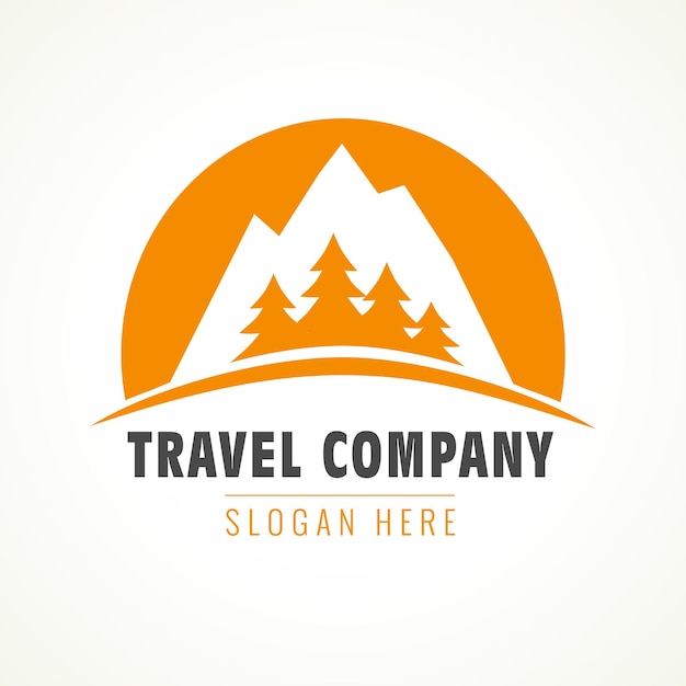 Logo-konzept des reisebüros wanderturismus-symbol berg und baum kreatives symbol