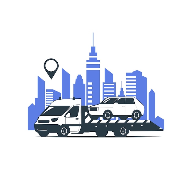 Logo-Konzeptillustration mit Abschleppwagen, der ein Auto transportiert Vektorillustration