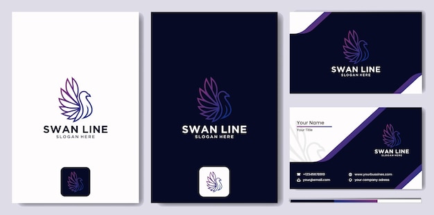 Logo-linie abstrakter schwan, schablonenvektordesign linearer stil, luxus-linienkunst-schwan-logo-design mit visitenkartenschablone mit moderner farbverlaufsfarbe