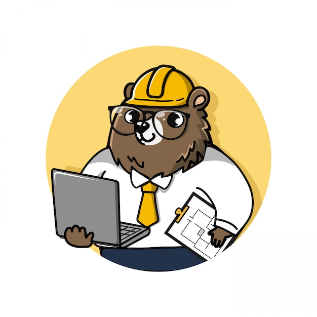 Logo süß und freundlich bär ingenieur hält einen laptop-computer und zeichnungsdokumente.