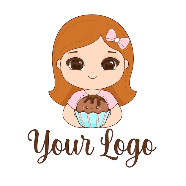 Logo süßes Mädchen Maskottchen mit Cupcake Vektor-Illustration