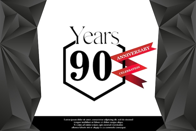 Vektor logo-vorlage zum 90-jährigen jubiläum isoliert auf weißem, schwarzem und rotem band, vektordesign