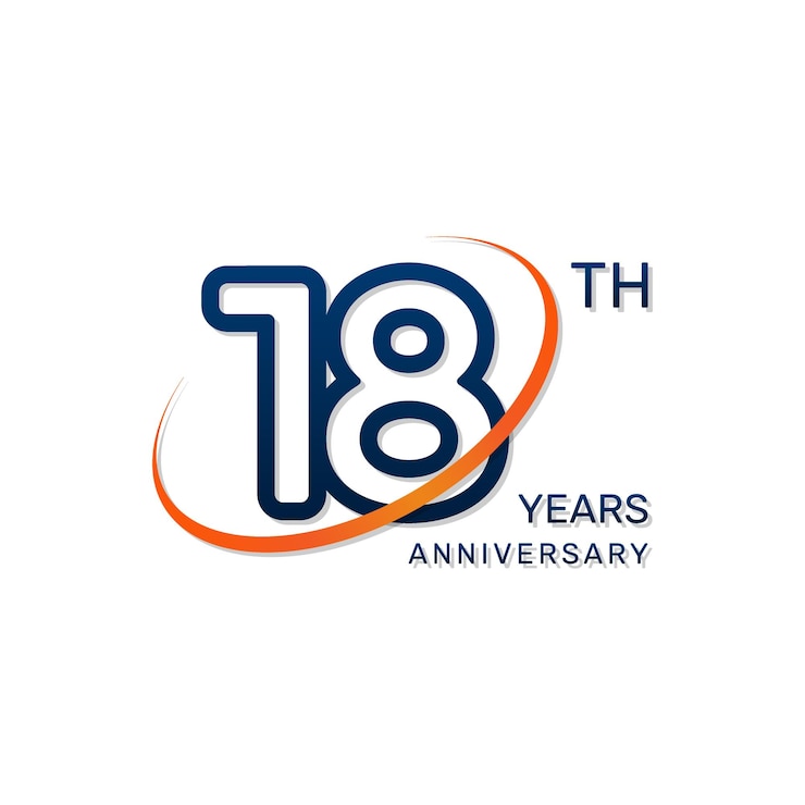 Vektor logo zum 18. jubiläum mit blauen zahlen und einem orangefarbenen ring im schlichten und luxuriösen stil