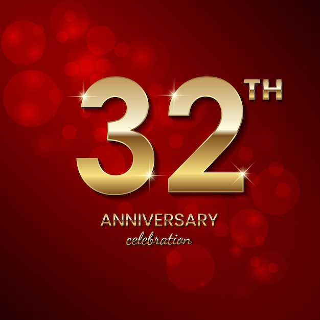 Logo zum 32-jährigen Jubiläum Goldene Zahl mit funkelnden Konfetti und glitzernder Vektorvorlage
