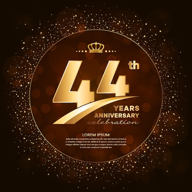 Vektor logo zum 44-jährigen jubiläum mit goldenen zahlen und glitzer isoliert auf einem hintergrund mit farbverlauf