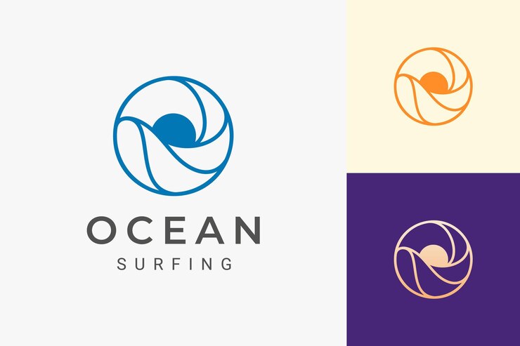 Logo zum Thema Meer oder Wasser mit Wellen und Sonne in Kreisform