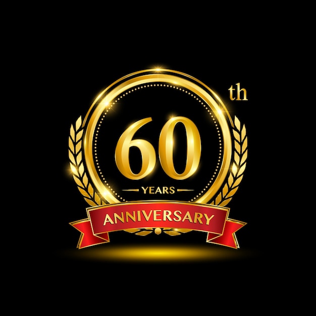 Logodesign zum 60-jährigen Jubiläum mit goldenem Lorbeerkranz und rotem Band Goldenes Zahlenvektordesign