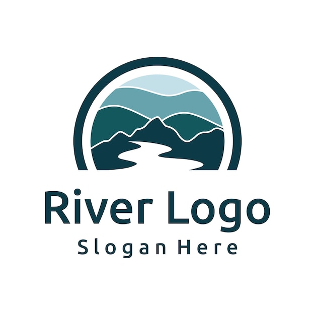 Logos von Flüssen, Bächen, Flussufern und Bächen Flusslogo mit einer Kombination aus Bergen und Ackerland mit Konzeptdesign-Vektorillustrationsvorlage