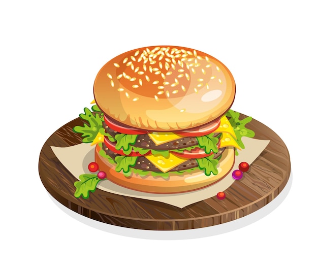 Lokalisierter klassischer Hamburger auf Holzplatte auf weißem Hintergrund. Frisches Sandwich mit Rindfleisch, Salat, Tomate, Brötchen und Käse. Amerikanisches Fastfood.