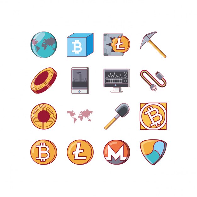 Lokalisiertes gesetztes vektordesign der geld- und bitcoin ikone