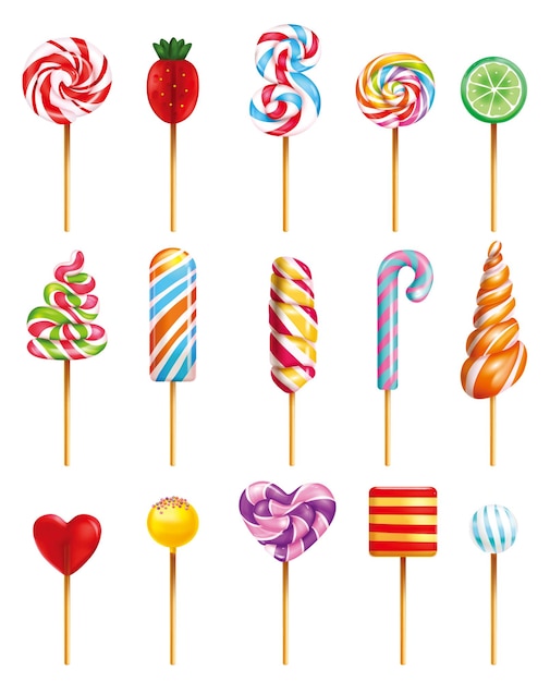 Lollipop-süßigkeiten verschiedener geschmack, geschmack, form, spirale, regenbogen, erdbeerherz, grünes limettenschnitt, realistisch