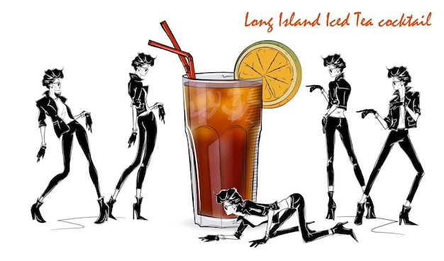 Long island eistee-cocktail. modemädchen in der artskizze mit cocktail. vektorillustration