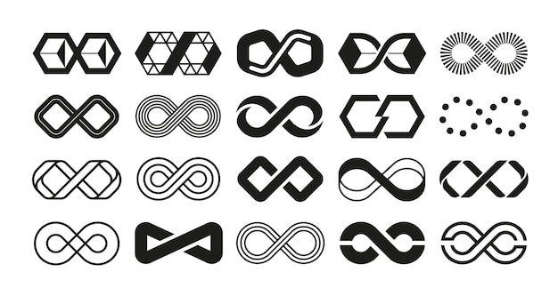 Loop-logo unendliche geometrische form für business-emblem endlose wiederholung und mobius-band schwarz-weiß-ewigkeitswellensammlung minimale tätowierung unbegrenzte vektorsymbole gesetzt