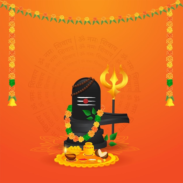 Lord shiva lingam statue mit rudraksha mala hinduistische gebetskette bael blätter blumengirlande anbetung platte und goldener trishul dreizack auf orange runden om namah shivay texthintergrund