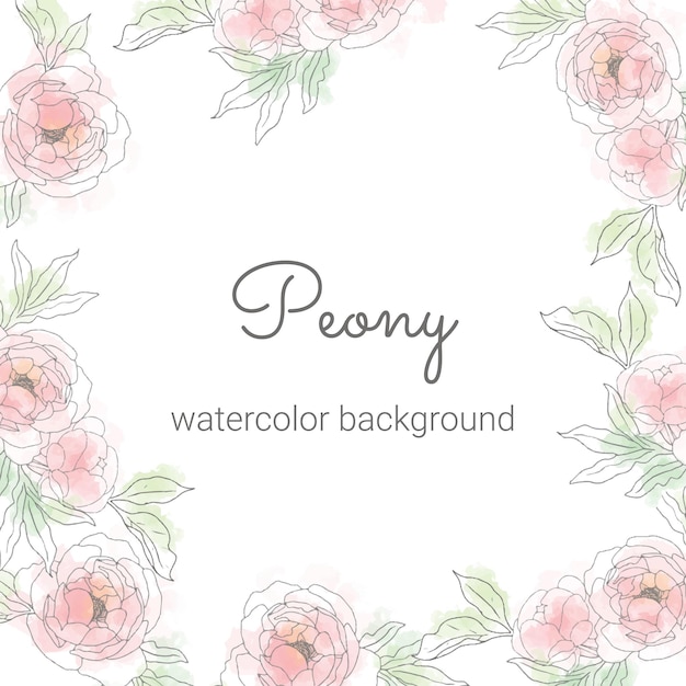 Vektor lose aquarell-doodle-linie kunst pfingstrose blumenstrauß rahmen minimaler quadratischer banner-hintergrund